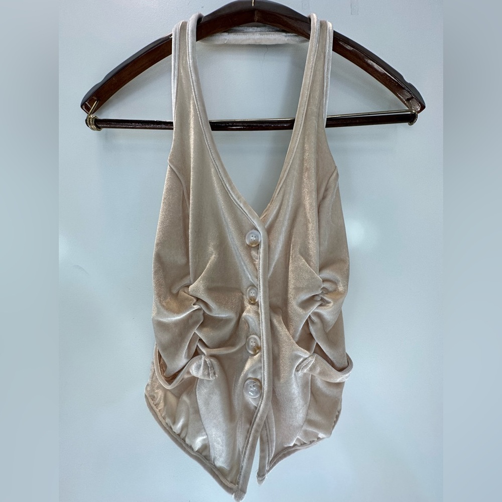 Cream cider halter crop vest velvet top